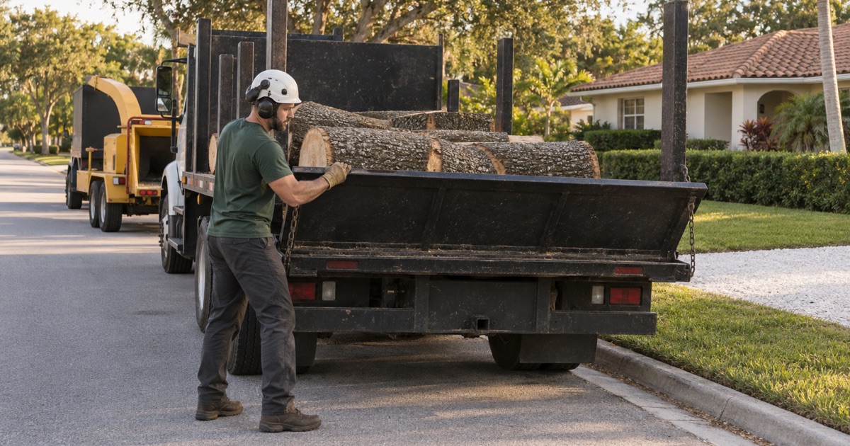 Worker at the tailboard of a loaded flatbed on a Bradenton street at the end of a job.