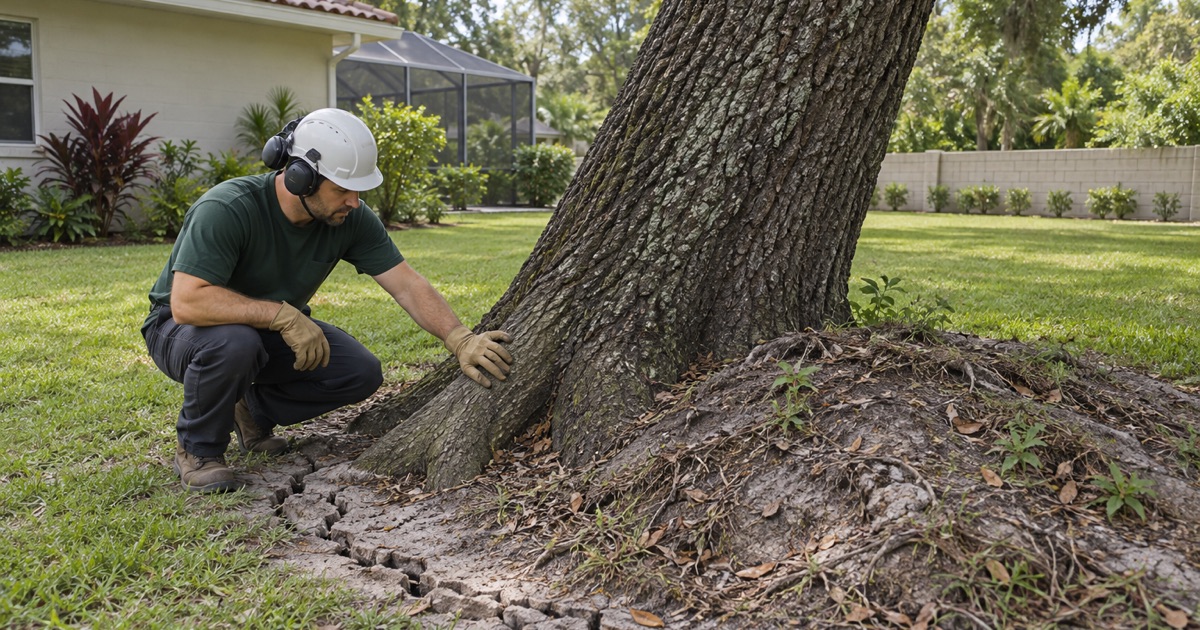 Worker with a hand on the root flare buttress of a leaning live oak in a Bradenton back yard.