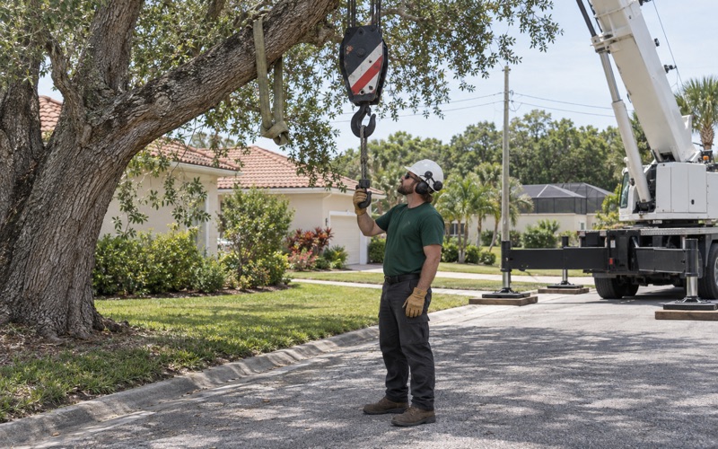 Worker dressing an empty chain sling hook at a black olive tree in Bradenton.