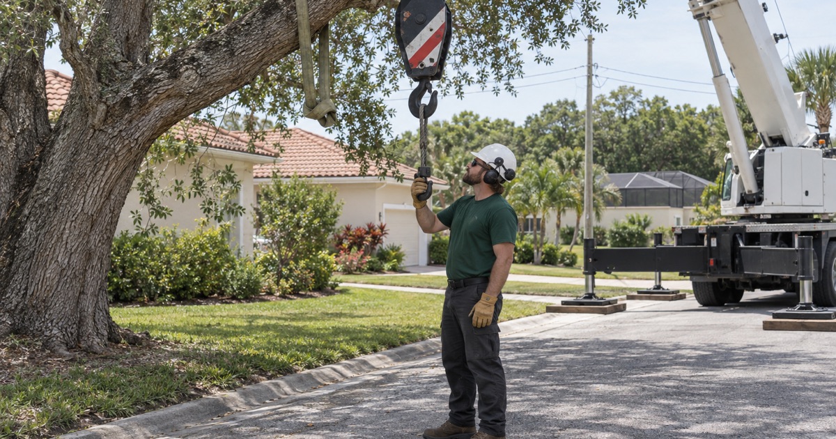 Worker dressing an empty chain sling hook at a black olive tree in Bradenton.