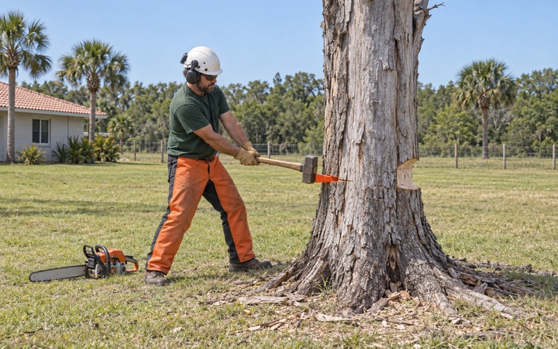 Worker driving a felling wedge into the back cut of a dead standing laurel oak in Bradenton.