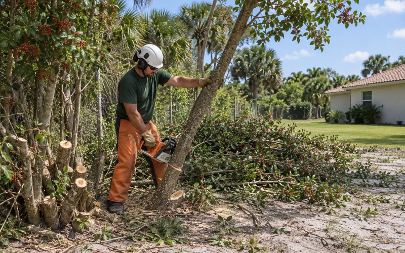 Worker cutting a multi-stemmed Brazilian pepper down to the stump on a Bradenton lot edge.