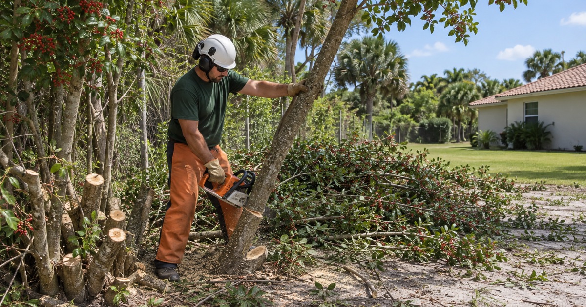 Worker cutting a multi-stemmed Brazilian pepper down to the stump on a Bradenton lot edge.