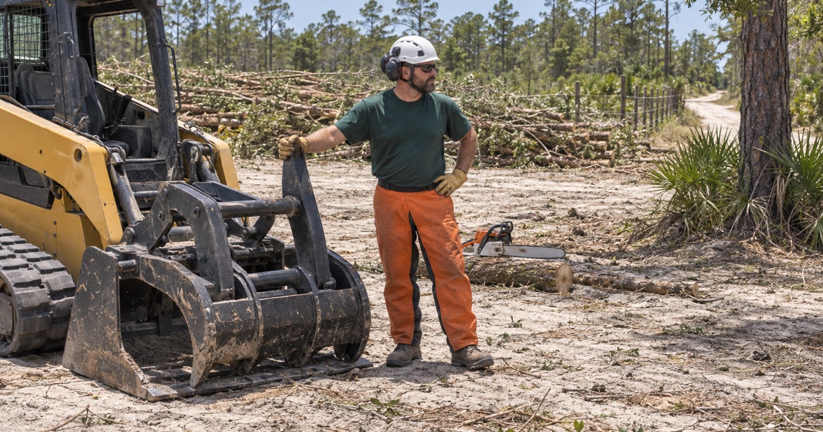 Worker at the grapple arm of a shut-down loader on a Bradenton lot being cleared.