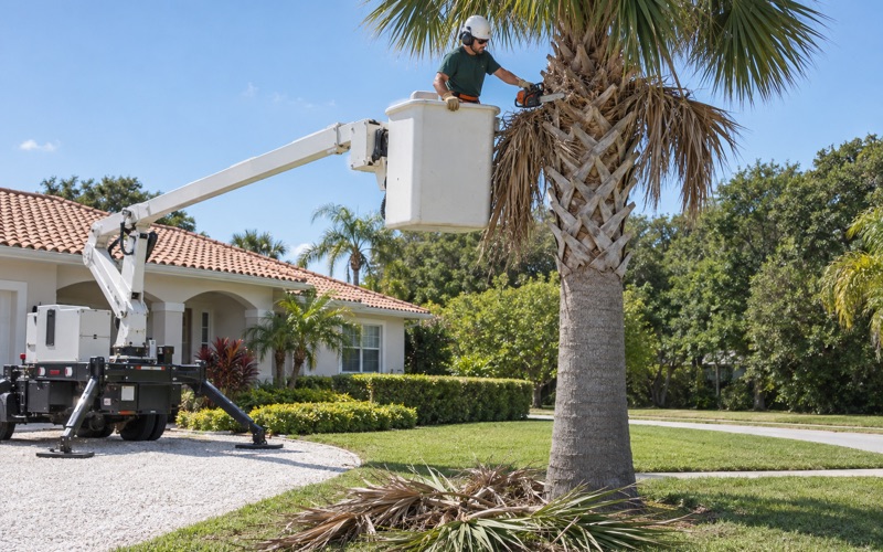 Worker in an aerial bucket cutting at the leaf base of a cabbage palm in Bradenton.