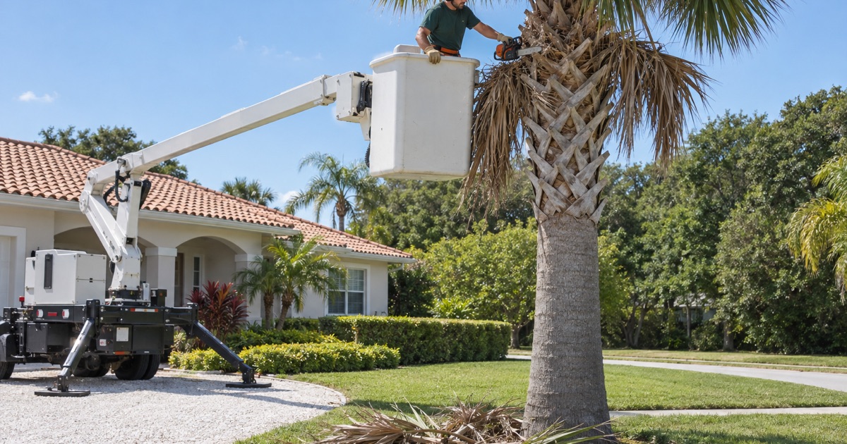 Worker in an aerial bucket cutting at the leaf base of a cabbage palm in Bradenton.