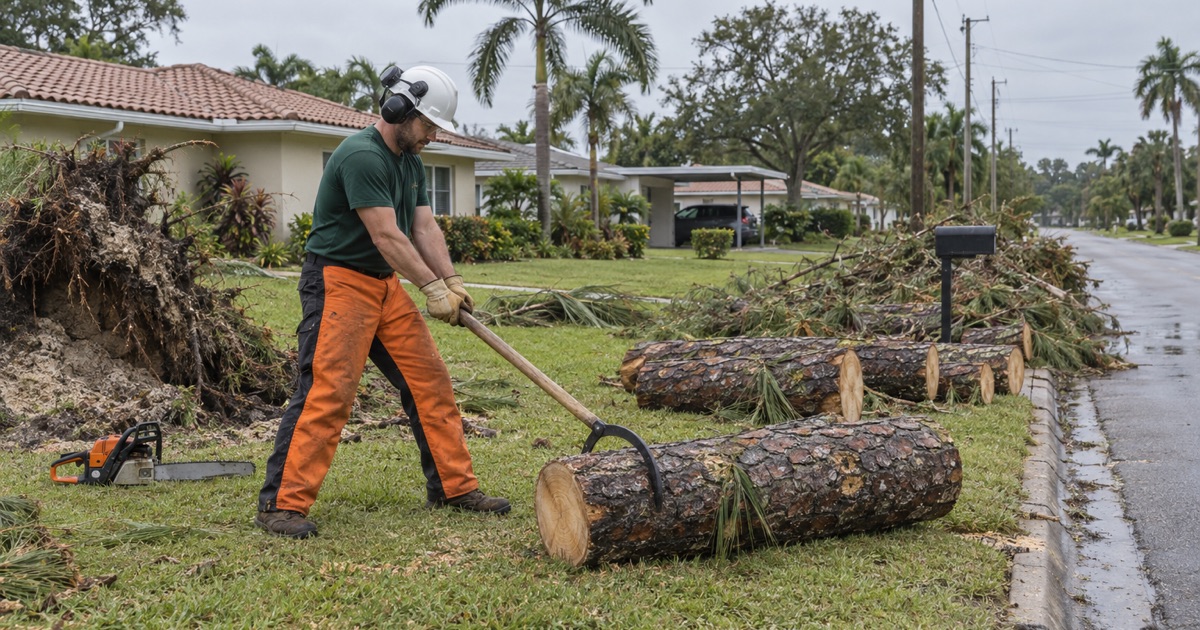 Worker rolling a cut slash pine length with a cant hook on a Bradenton verge the morning after a storm.