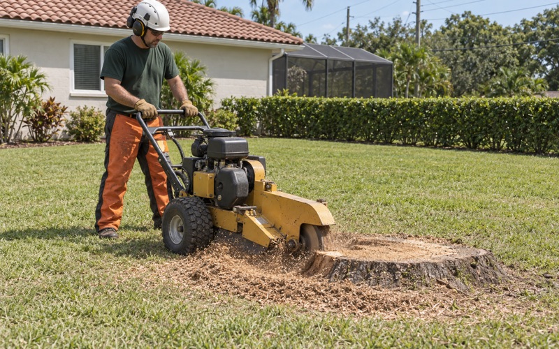 Worker sweeping a grinder wheel across a live oak stump face in a Bradenton back yard.