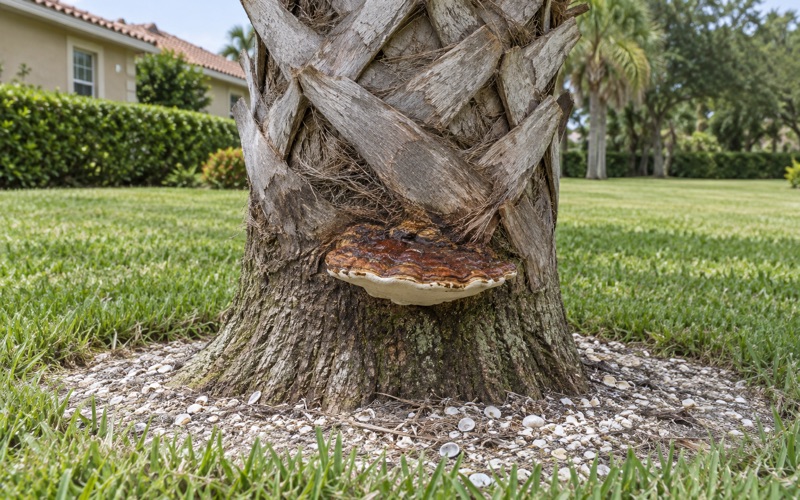 A Ganoderma conk shelf at the base of a sabal palm trunk in Bradenton.