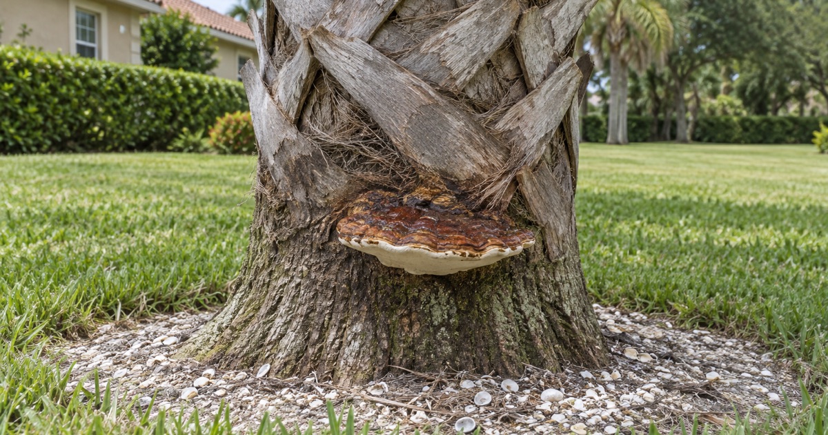 A Ganoderma conk shelf at the base of a sabal palm trunk in Bradenton.