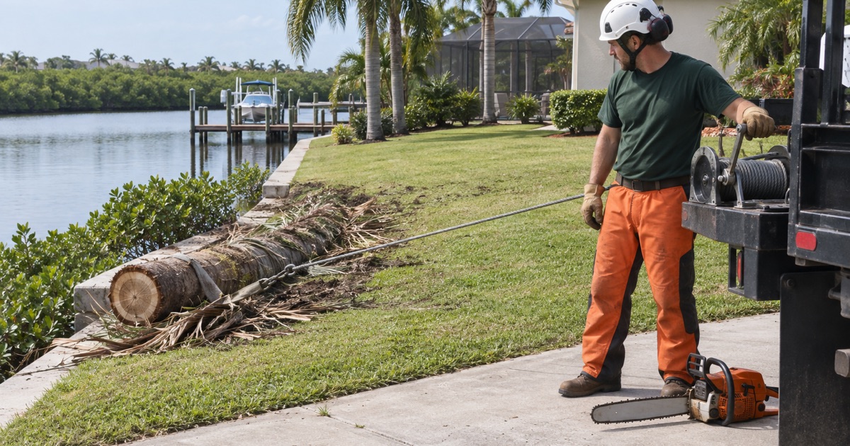 Worker at a truck winch pulling a cabbage palm section up a canal lot in Apollo Beach.
