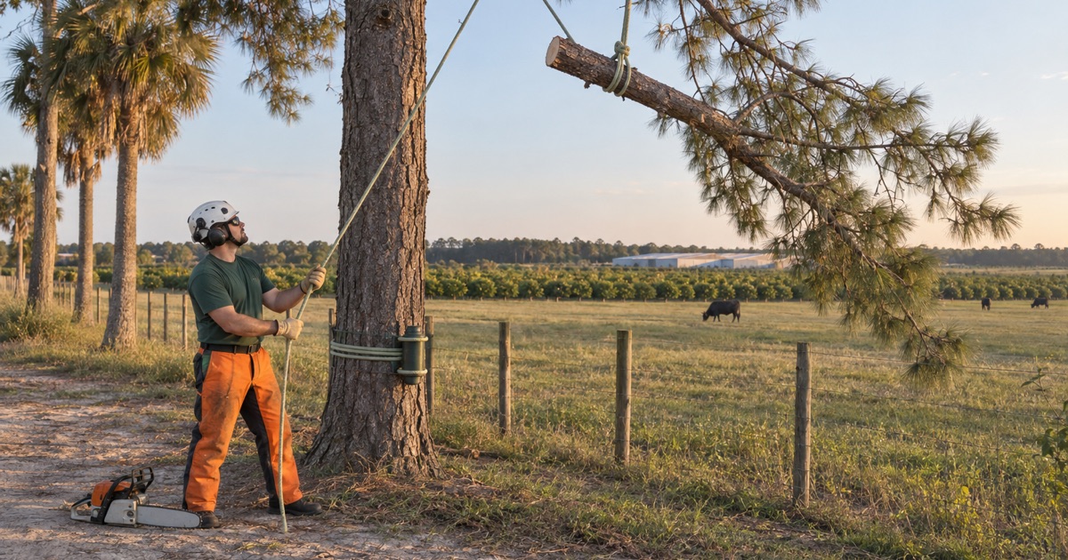Worker on the rope tail as a slash pine limb is lowered clear of a Balm pasture fence.