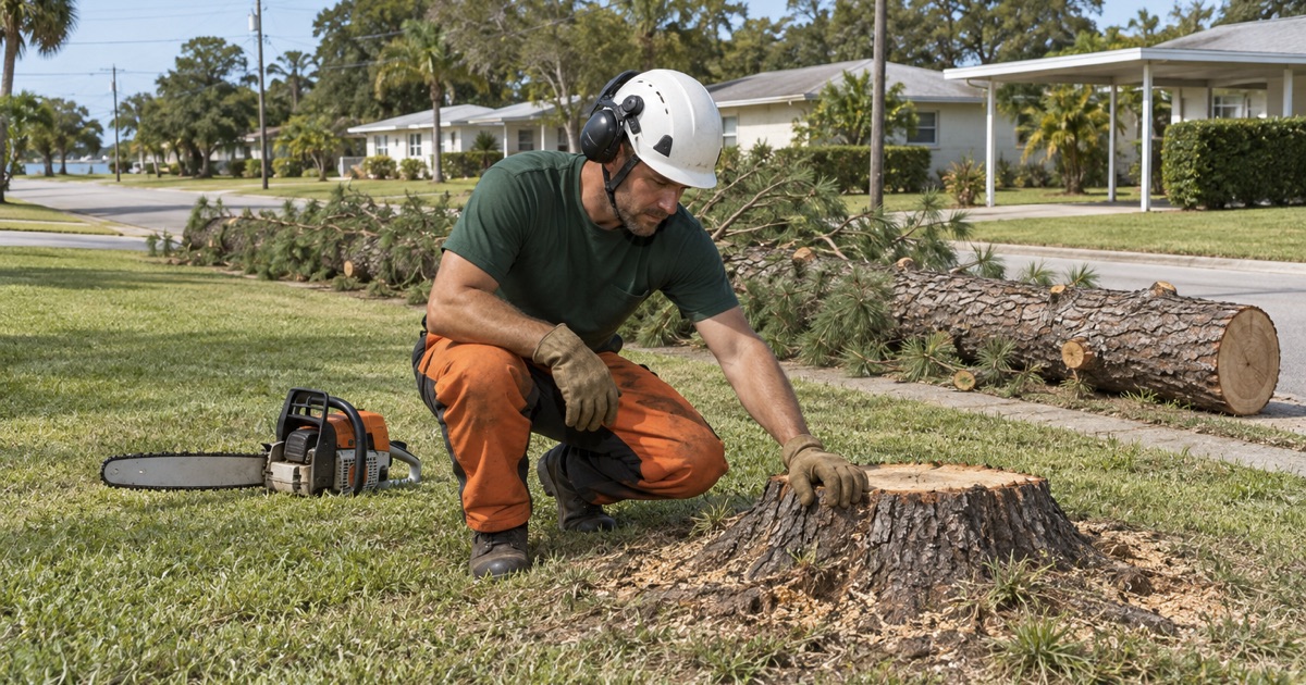 Worker checking the cut face of a slash pine stump in a Bayshore Gardens front yard.