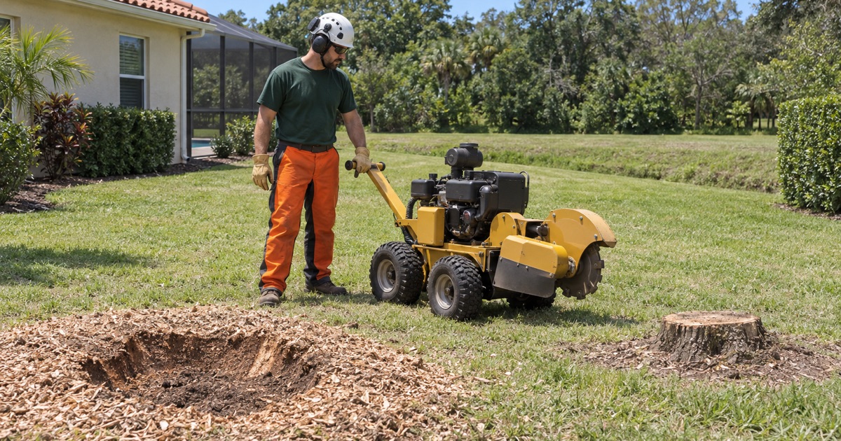 Worker backing a stump grinder by its tow bar on a Fruitville lot.
