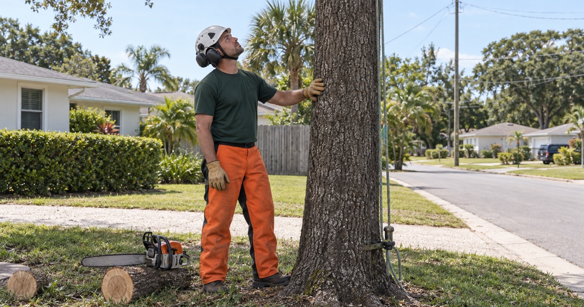 Worker at the base of a stripped laurel oak spar on a Kenneth City lot.