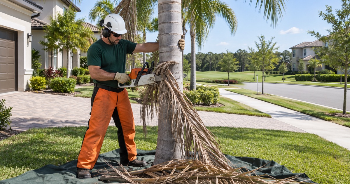 Worker cutting a dead lower frond from a young queen palm on a Lakewood Ranch lot.