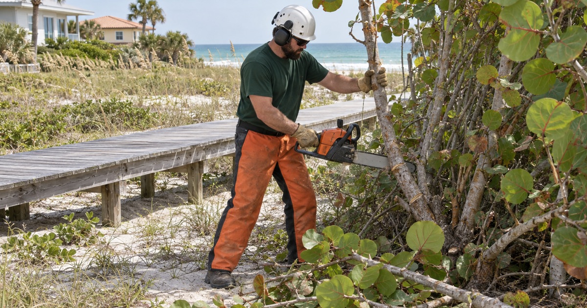 Worker cutting a sea grape clump back from a beach walk on a Madeira Beach lot.