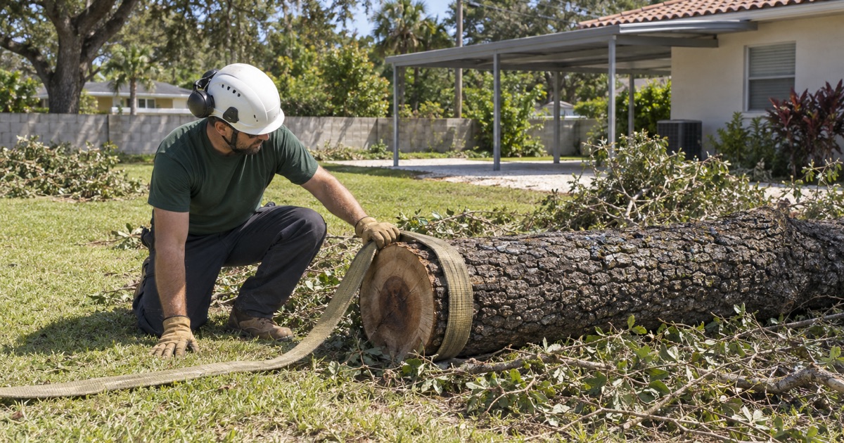 Worker strapping a cut live oak section in a Memphis, Florida back yard.