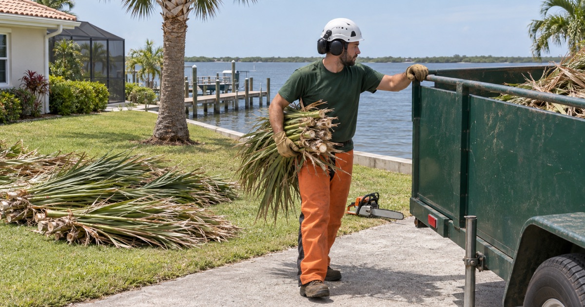 Worker loading cut cabbage palm fronds at a bay-front Osprey lot.
