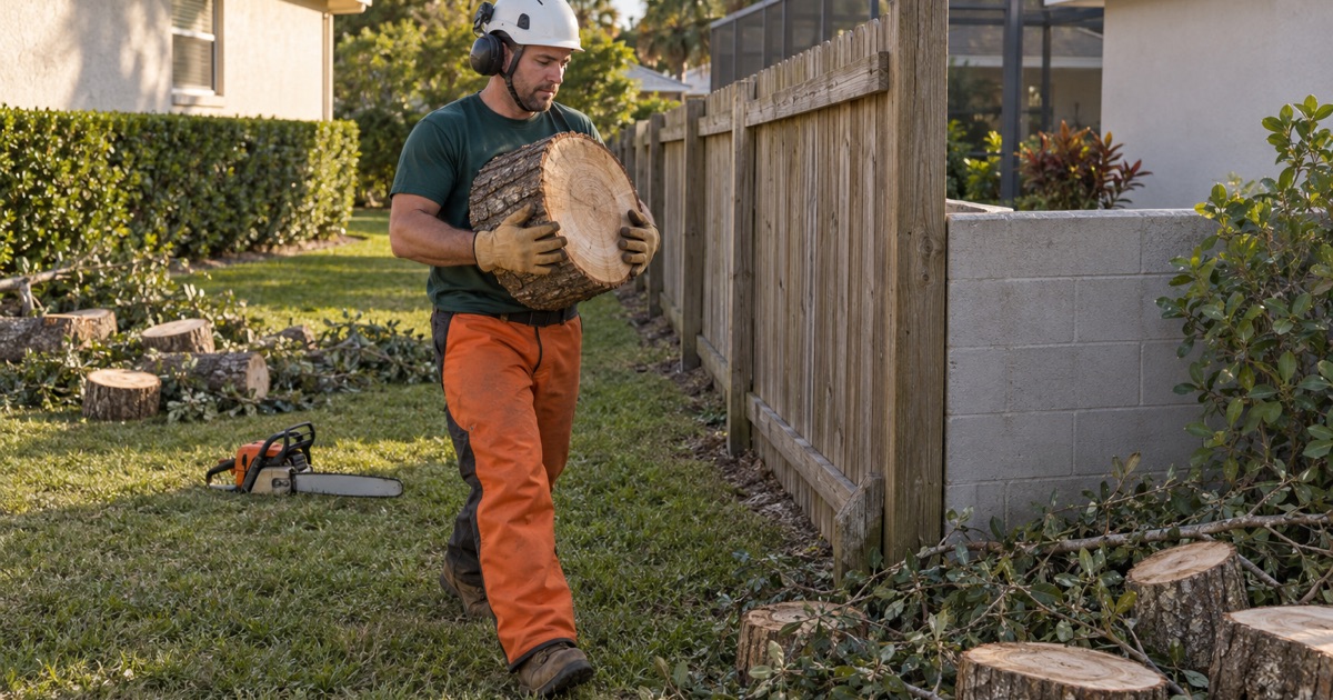 Worker carrying a laurel oak round back across the boundary line on a Bradenton side yard.