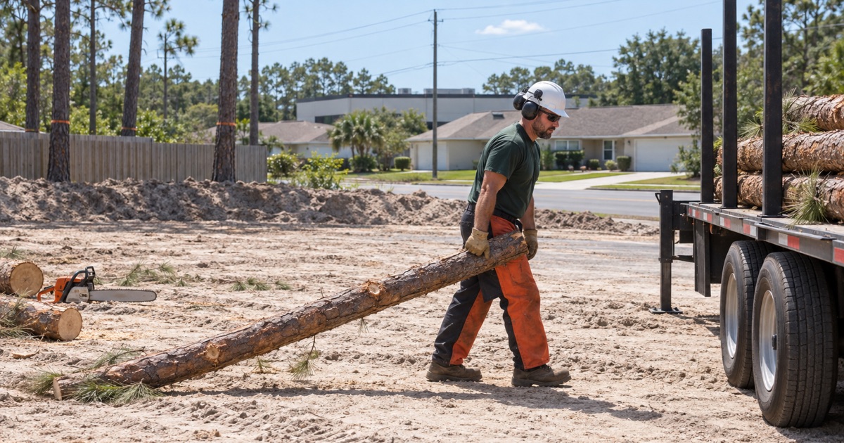 Worker skidding a slash pine log to a trailer at a Pinellas Park building pad.