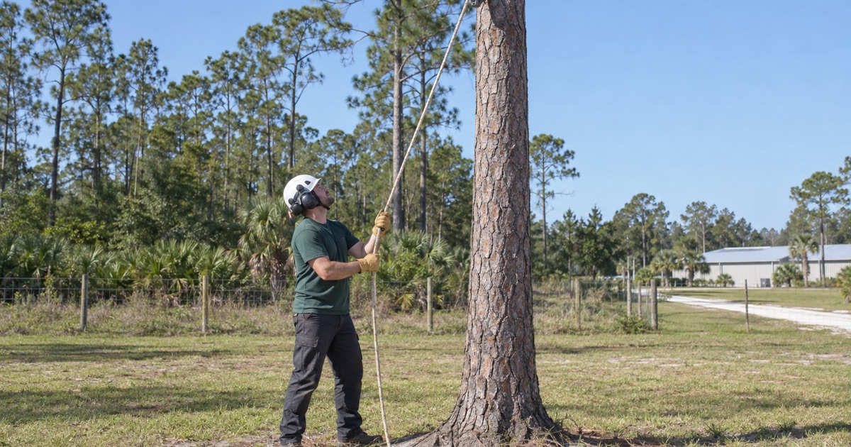 Worker hauling a rigging block up to the top of a slash pine spar in Ruskin.