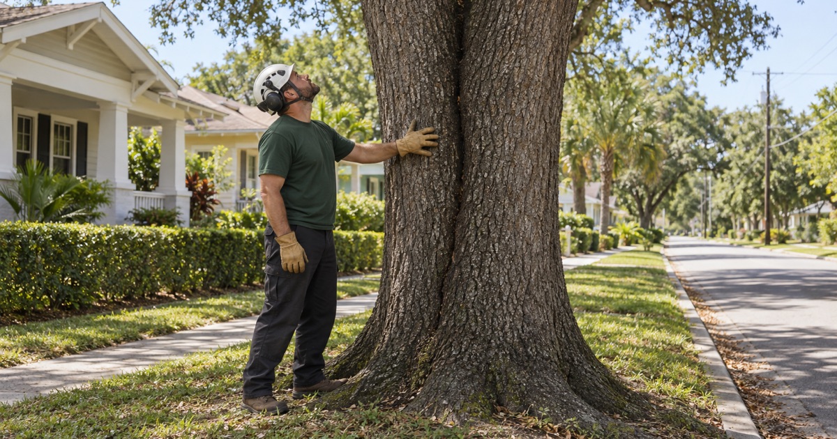 Worker reading included bark at a co-dominant union in a laurel oak on a Sarasota street.