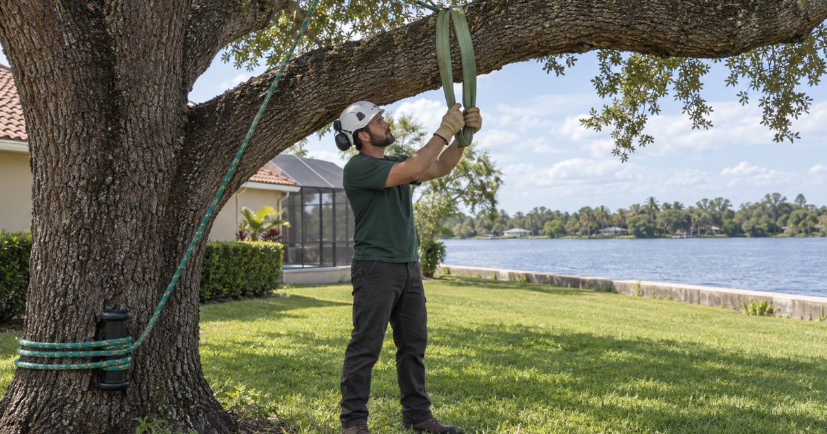 Worker dressing a rigging sling around a low live oak limb on a Seminole lot.