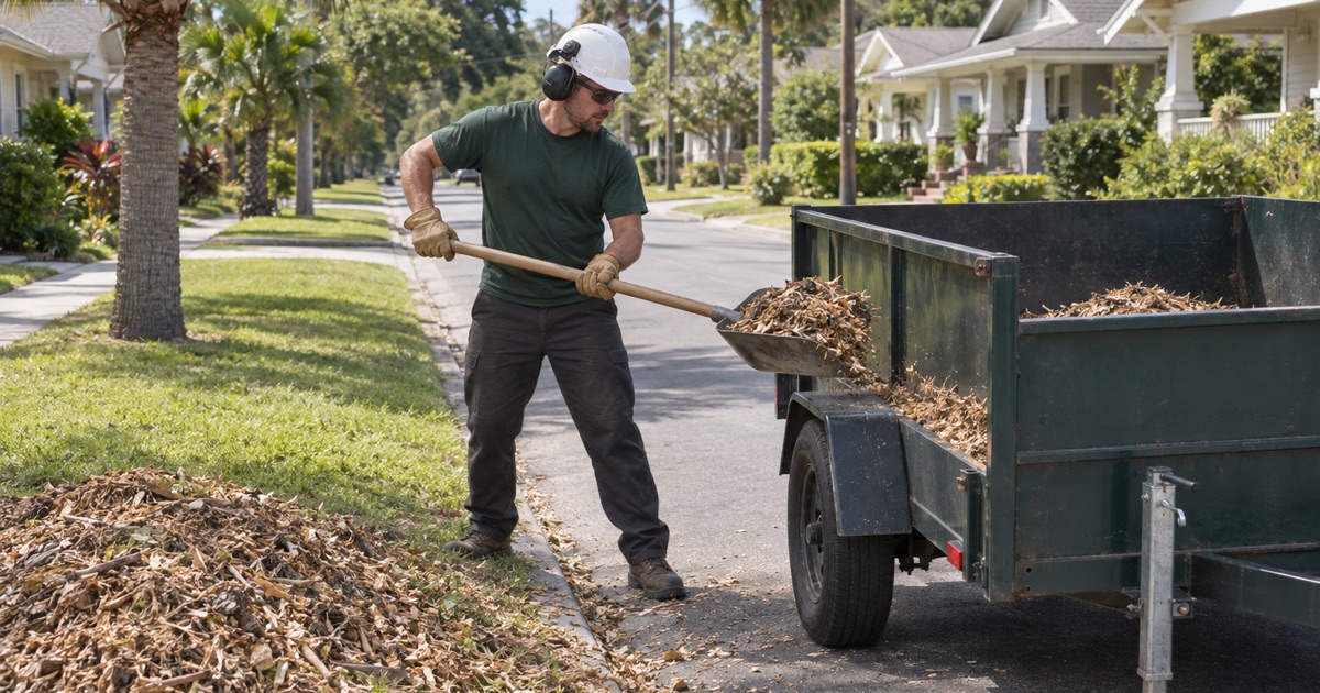 Worker forking chips into a chip box on a St. Petersburg bungalow street.