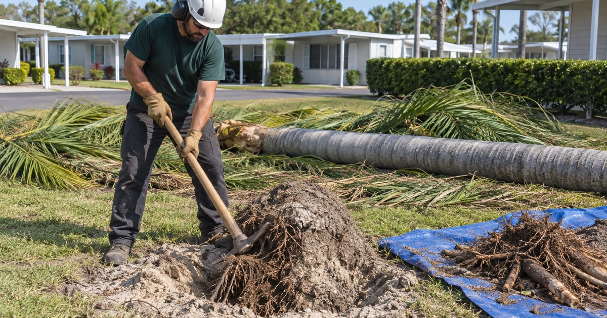 Worker opening the ground around a queen palm root ball in Sun City Center.