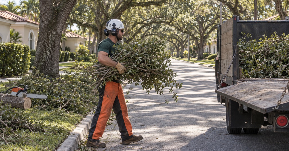 Worker carrying a brushwood bundle to a flatbed under the live oak canopy of a Venice street.