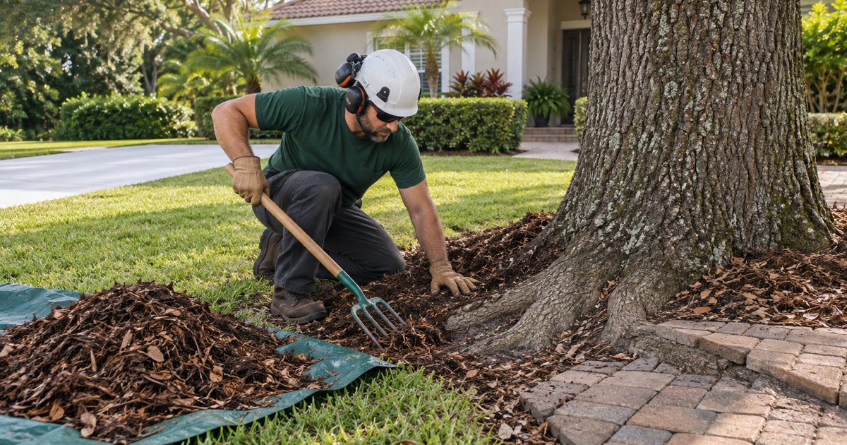 Worker clearing mulch off the buried root flare of a live oak in Bradenton.
