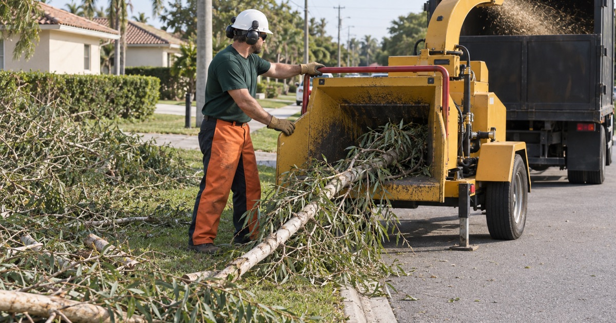 Worker feeding melaleuca brushwood into a chipper from the side on a Bradenton right-of-way.
